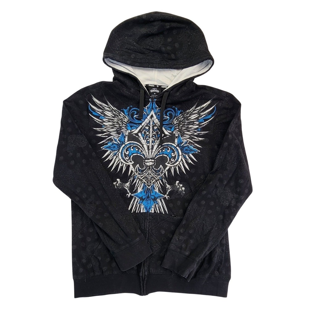 Sinister Black Graphic Full Zip Hoodie Medium Y2K MMA Affliction Style Winged M